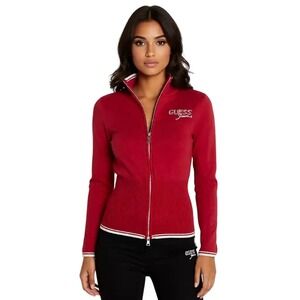 GUESS Jeans Red Zip Up Sweater Rhinestone Logo Collar Trim Women Md